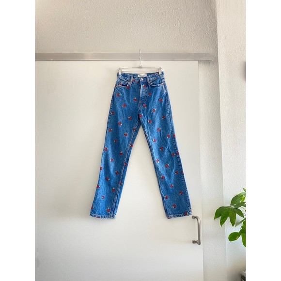 Reformation Mushroom Embroidered High Rise Straight Jeans Size 23 - Picture 6 of 11